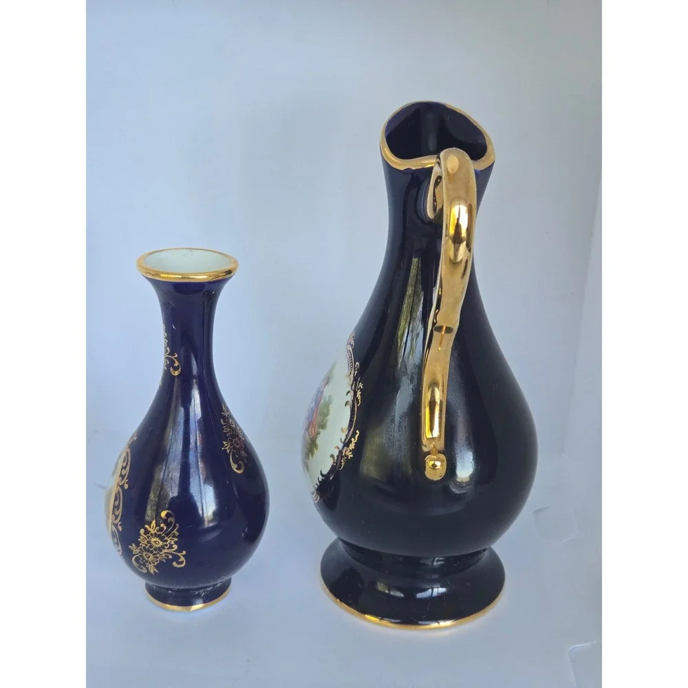 Limoges Cobalt Urn & Vase – Fragonard Scene, Gold‎ Trim, Made in France